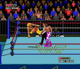 Hulk Hogan jumps up to kick Randy Savage in the face